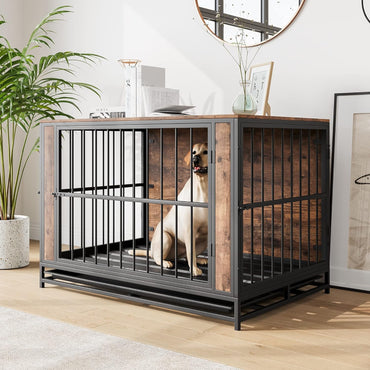 DogCratesDepot® Dog Crate Furniture, Metal and Wooden Dog Crate, Dog Kennel with 3 Doors Indoor, Pet Puppy Crate End Table for Medium/Small Dog, Heavy Duty Dog House, Black and Rustic Brown - Dog Crates Depot®