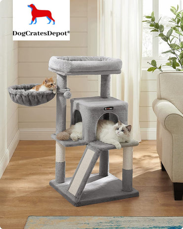 DogCratesDepot® Multi-Level Cat Tree: Spacious Perch, 2-in-1 Scratching Ramp, 2-Door Cat Cave, Spare Pompom, Safe Haven for Large or Chubby Cats - Dog Crates Depot®